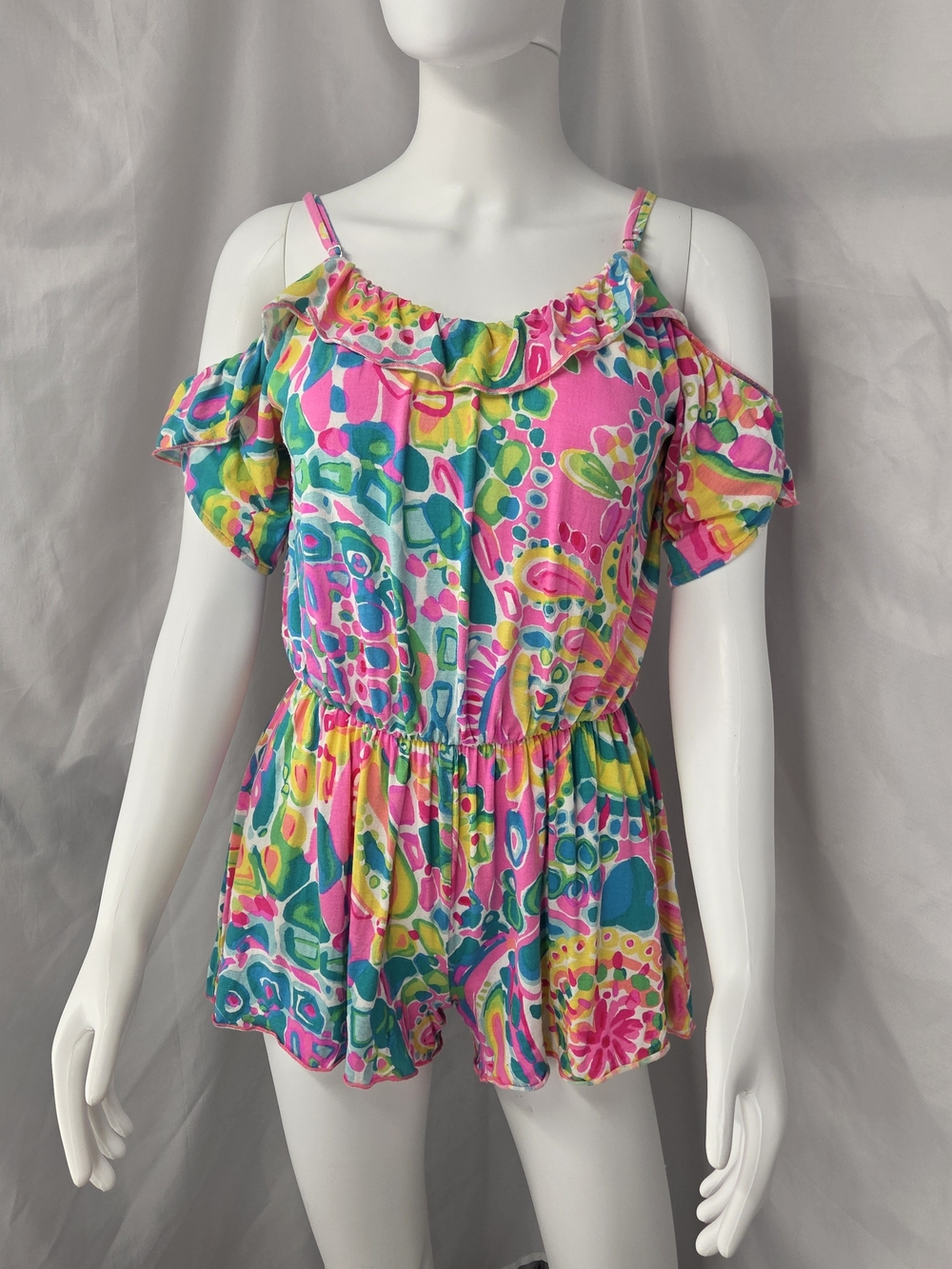 Lilly Pulitzer Fenella Romper Come Out Of Your Shell Cold Shoulder Pink Blue XS